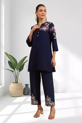 Dark blue vertical silk top with pant for women's