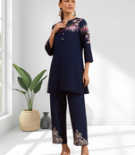 Dark blue vertical silk top with pant for women's