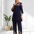 Dark blue vertical silk top with pant for women's
