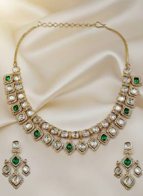 Bridal style kundan green stone necklace set with earrings 1