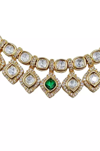 Bridal style kundan green stone necklace set with earrings