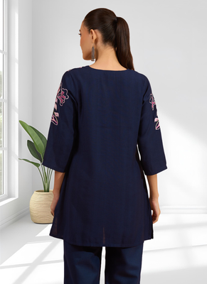 Dark blue vertical silk top with pant for women's 2