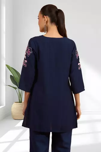 Dark blue vertical silk top with pant for women's