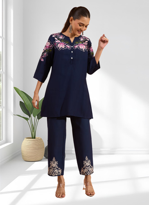 Dark blue vertical silk top with pant for women's 3