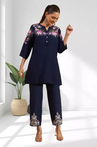 Dark blue vertical silk top with pant for women's