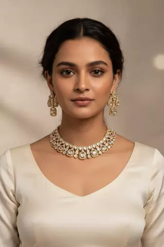 Traditional gold-finish moissanite white necklace jewellery set