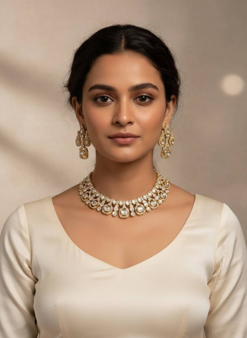 Traditional gold-finish moissanite white necklace jewellery set