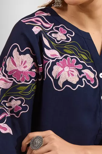 Dark blue vertical silk top with pant for women's
