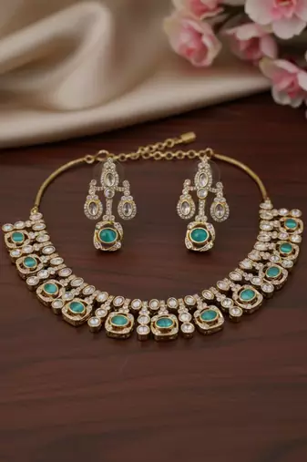 Traditional gold-finish moissanite mint necklace jewellery set