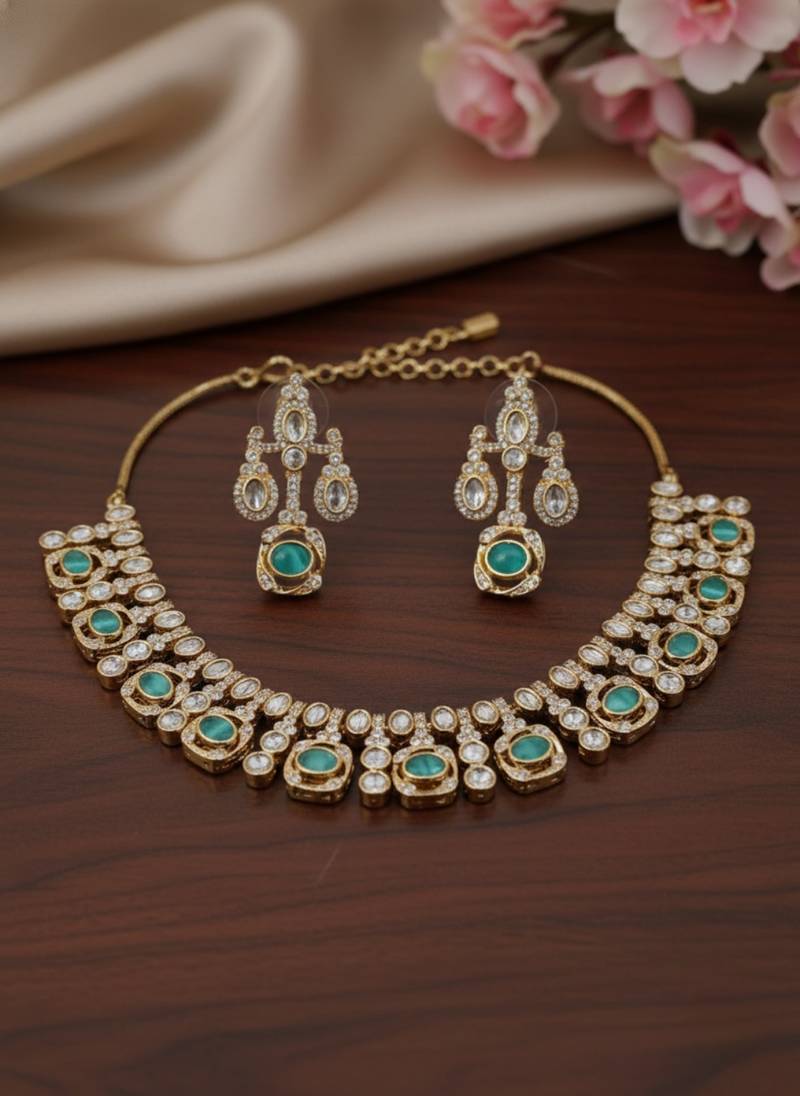 Traditional gold-finish moissanite mint necklace jewellery set