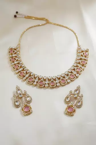 Traditional gold-finish moissanite pink necklace jewellery set