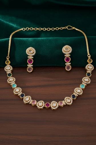 Gold-plated moissanite & multicolour stone necklace set with matching earrings