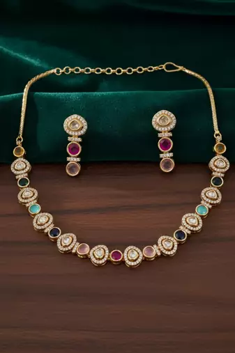 Gold-plated moissanite & multicolour stone necklace set with matching earrings