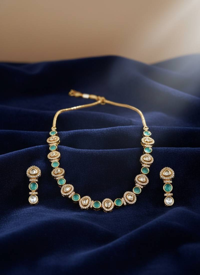Gold-plated moissanite & mint stone necklace set with matching earrings