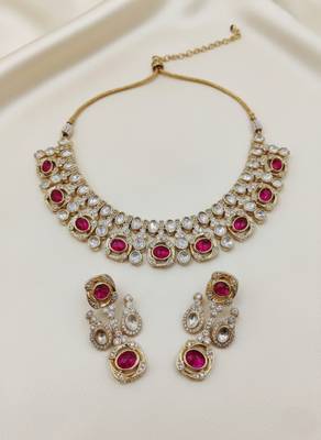 Traditional gold-finish moissanite ruby necklace jewellery set 1