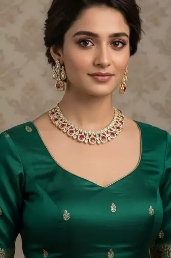 Traditional gold-finish moissanite ruby necklace jewellery set