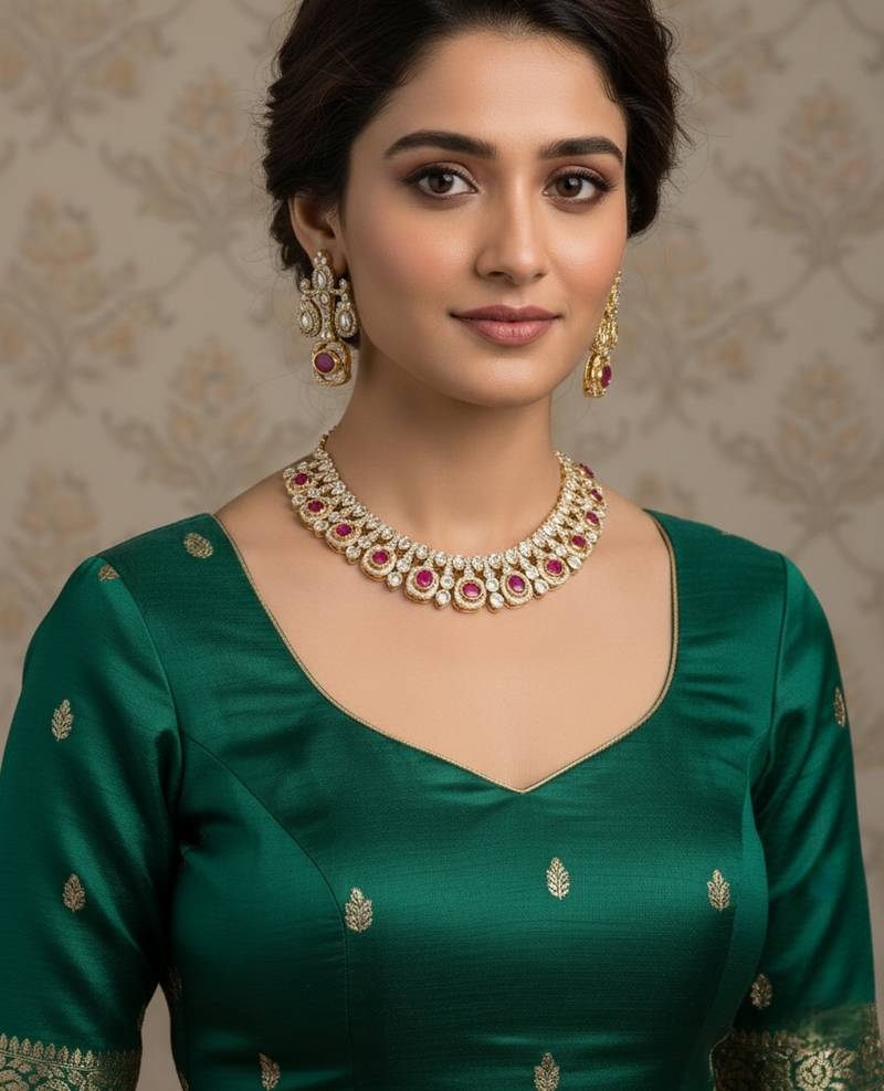 Traditional gold-finish moissanite ruby necklace jewellery set