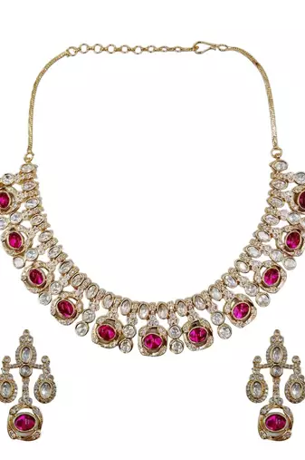 Traditional gold-finish moissanite ruby necklace jewellery set