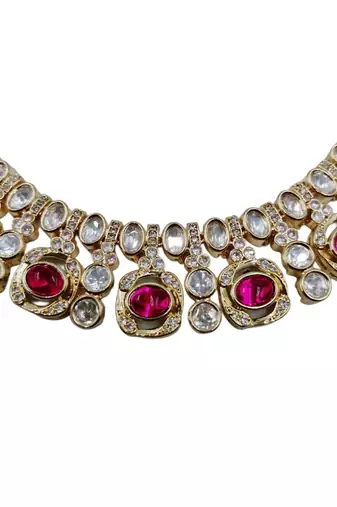 Traditional gold-finish moissanite ruby necklace jewellery set