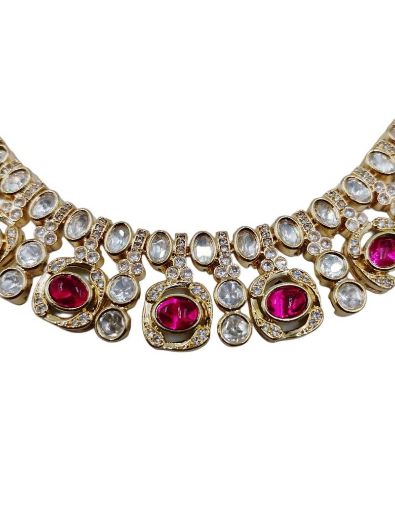 Traditional gold-finish moissanite ruby necklace jewellery set