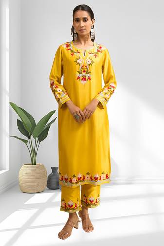 Yellow silk long kurti with pant for women's