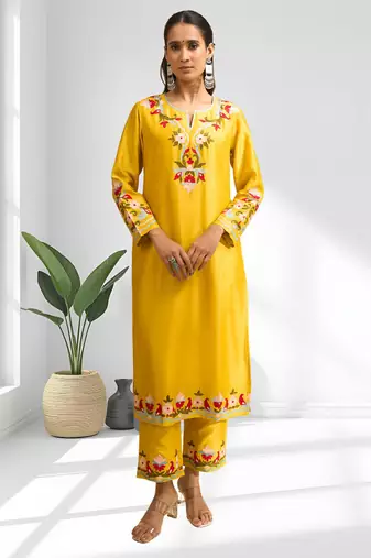 Yellow silk long kurti with pant for women's
