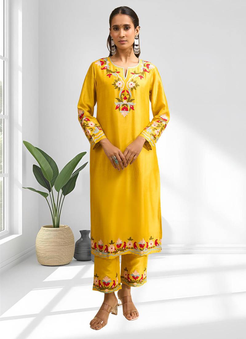 Yellow silk long kurti with pant for women's