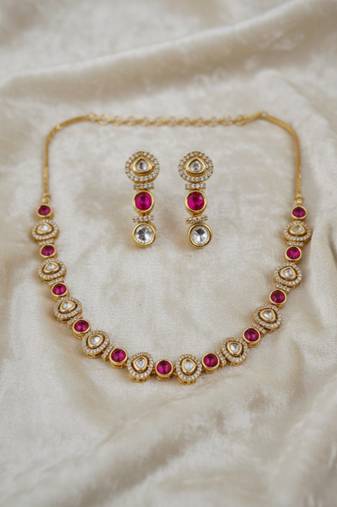Gold-plated moissanite & ruby stone necklace set with matching earrings