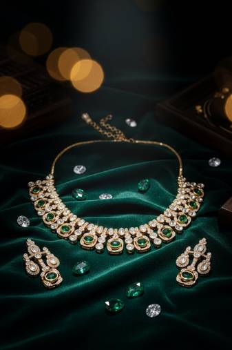 Traditional gold-finish moissanite green necklace jewellery set