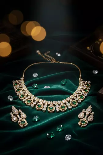 Traditional gold-finish moissanite green necklace jewellery set