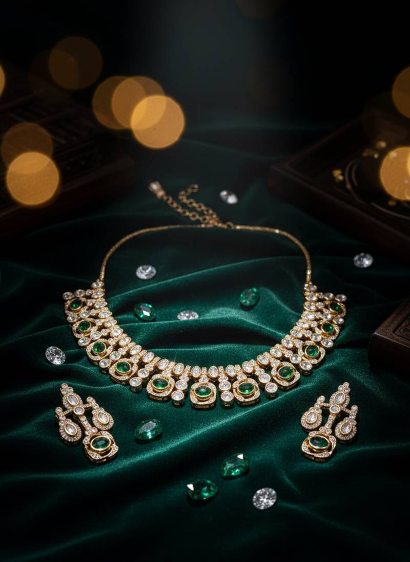 Traditional gold-finish moissanite green necklace jewellery set