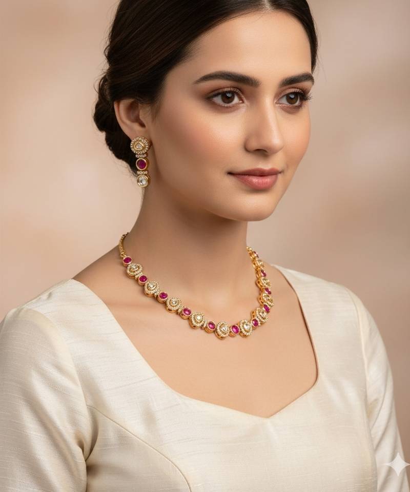 Gold-plated moissanite & ruby stone necklace set with matching earrings