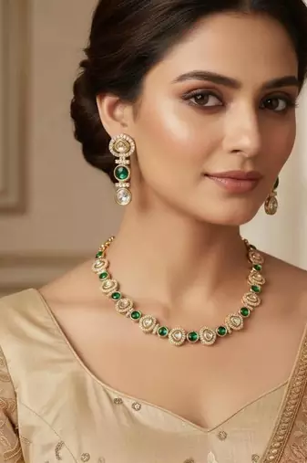 Gold-plated moissanite & green stone necklace set with matching earrings
