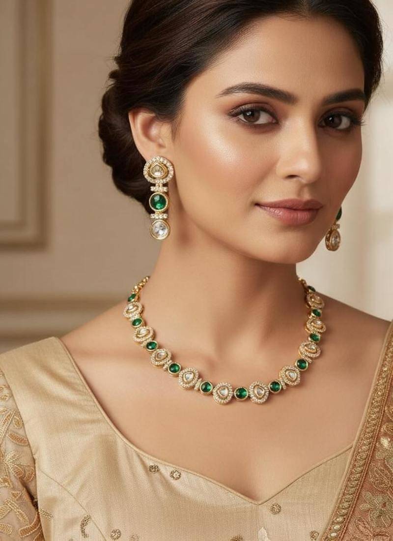Gold-plated moissanite & green stone necklace set with matching earrings