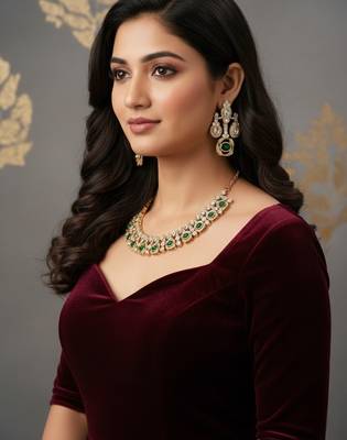 Traditional gold-finish moissanite green necklace jewellery set 2