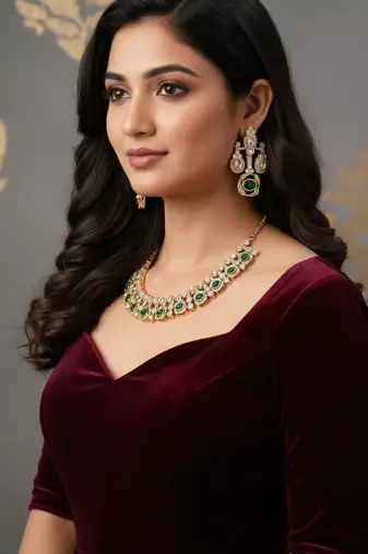 Traditional gold-finish moissanite green necklace jewellery set