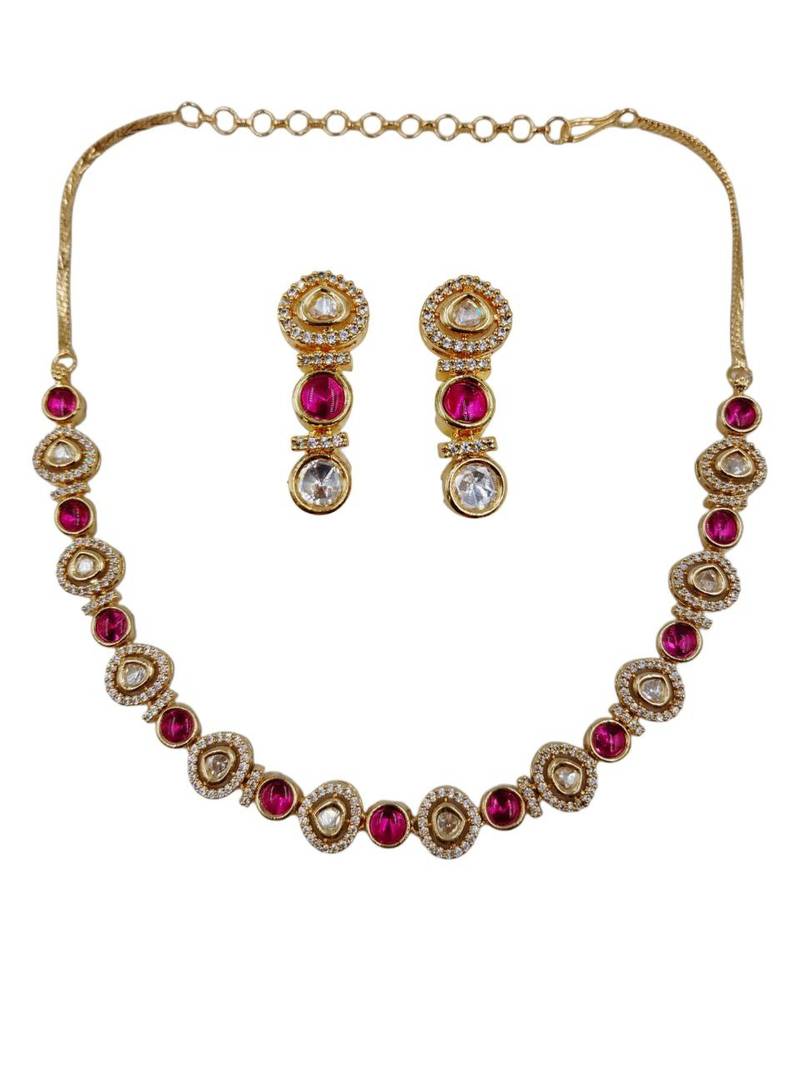 Gold-plated moissanite & ruby stone necklace set with matching earrings