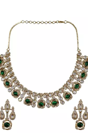Traditional gold-finish moissanite green necklace jewellery set