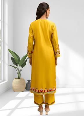 Yellow silk long kurti with pant for women's 2