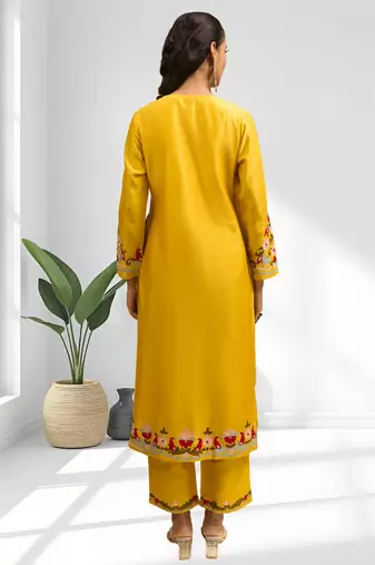 Yellow silk long kurti with pant for women's