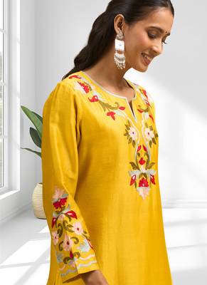 Yellow silk long kurti with pant for women's 3