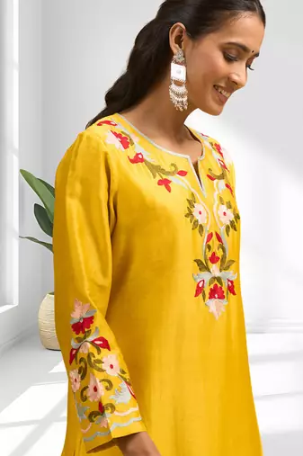 Yellow silk long kurti with pant for women's