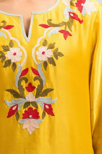 Yellow silk long kurti with pant for women's