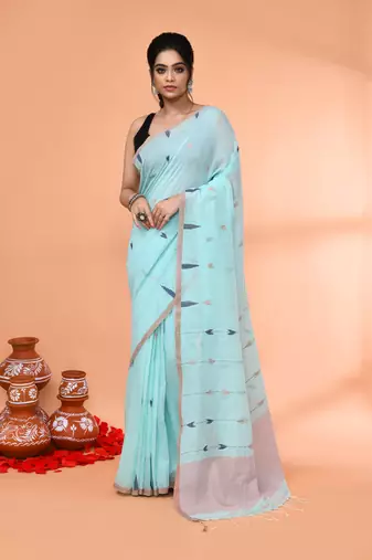 light sky blue cotton jamdani saree with temple border