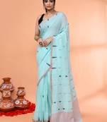 light sky blue cotton jamdani saree with temple border