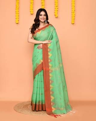 green cotton blend handloom saree with red border 1