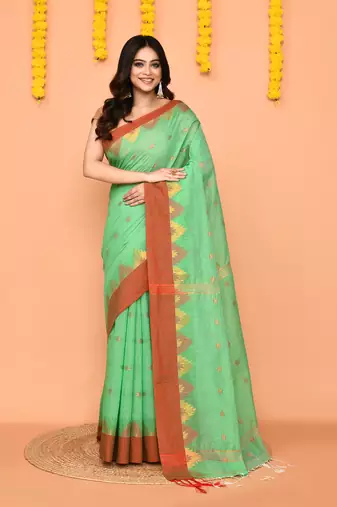 green cotton blend handloom saree with red border