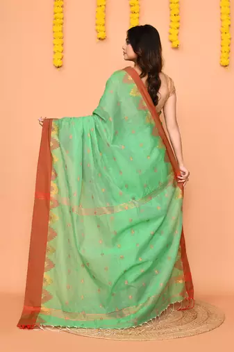 green cotton blend handloom saree with red border
