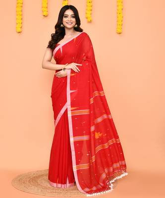red cotton jamdani saree with net tassels-unstitched 1
