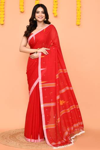 red cotton jamdani saree with net tassels-unstitched